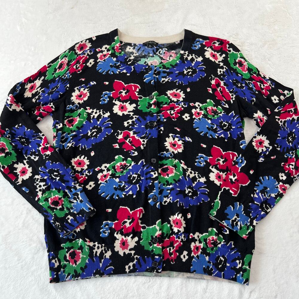 Talbots Floral Black Cardigan Knit Long Sleeve Size MP Classic Colorful